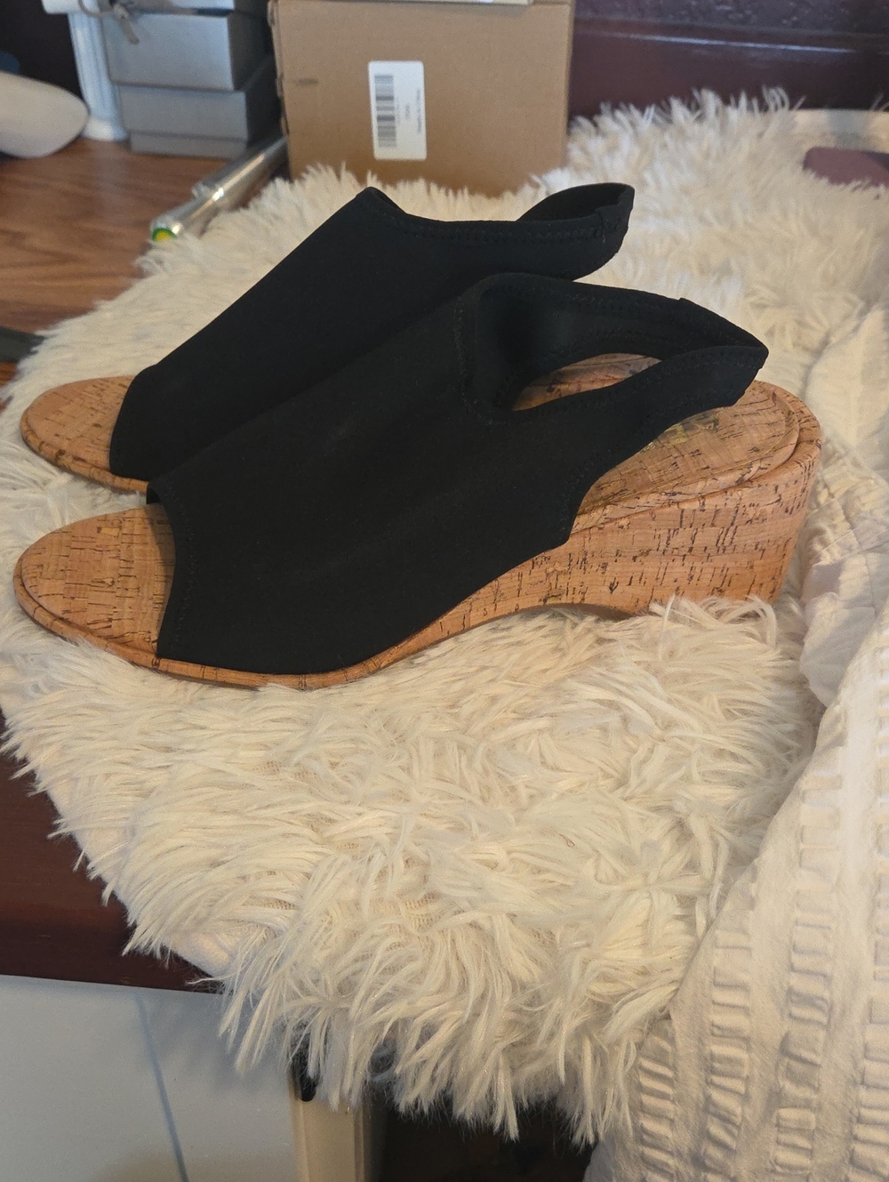 AEROSOLES Black Cork Wedge Slingback Sandals